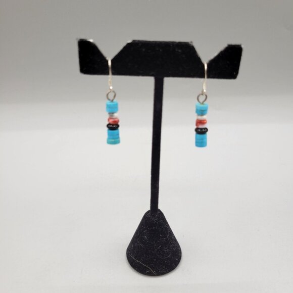 Turquoise Spiny Oyster Onyx Sterling Silver Beaded Dangle Earrings Southwestern - Picture 4 of 6